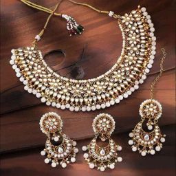 Peora Gold Plated Kundan Choker Necklace Earrings with Maang Tikka Set-image-60