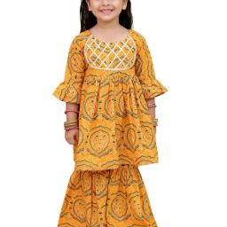 The Mom Store Girls Yellow Cotton Printed Kurta with Sharara-image-8