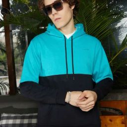 Campus Sutra Black & Blue Regular Fit Colour Block Hooded Sweatshirt-image-76