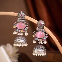NAMAN ARTS Silver-Plated Artificial Stones Studded & Beaded Oxidised Dome Shaped Jhumkas-picture-12