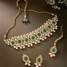 Peora Ethnic Indian 18K Gold Plated Kundan Pearl Green Floral Necklace Earring Mang Tikka Set-image-99