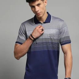 Monte Carlo Navy Blue Cotton Blend Regular Fit Stripes Polo T-Shirt-image-13