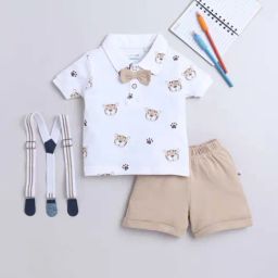Bumzee Kids White & Brown Cotton Printed Polo T-Shirt Set-image-20