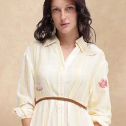 RAREISM Yellow Cotton Striped Long Sleeves Dress-image-41