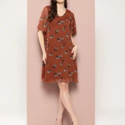 Qurvii Dark Rust Floral Print Shift Dress-image-4