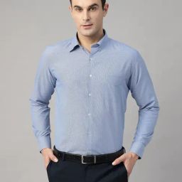 English Navy White Blended Slim Fit Formal Shirt-image-65