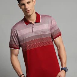 Monte Carlo Maroon Cotton Blend Regular Fit Stripes Polo T-Shirt-image-31
