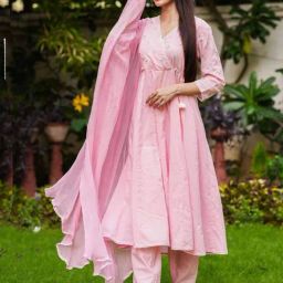 Gulabi Dori Pink Cotton Anarkali Kurta with Pant and Dupatta With Embroidery-image-36