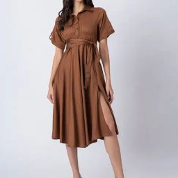 Moomaya Brown Cotton Regular Fit Casual Dress-image-31