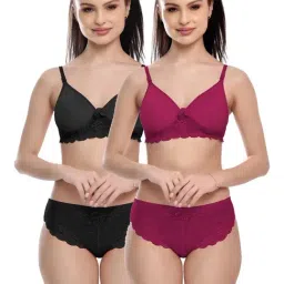 FIMS Violet & Black Lace Work Bra Panty Sets - Pack Of 2-image-79
