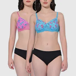 FIMS Pink & Turquoise Floral Print Bra Panty Sets - Pack Of 2-image-93