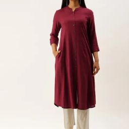 Amukti Red Rayon Solid Three-Quarter Sleeves Kurta-picture-45