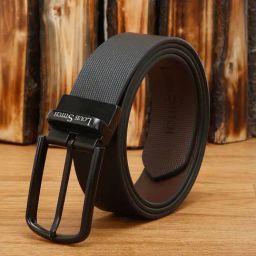 Louis Stitch Black Textured Leather Reversible Belt for Men-image-62