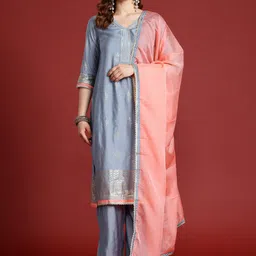 Anouk Printed Thread Work Kurta with Palazzos &  Dupatta image 1