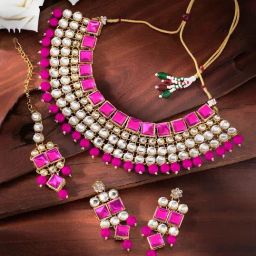 Peora Crystal Kundan Choker Necklace Traditional with Maang Tikka Earrings Set-image-75