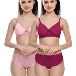 FIMS Pink & Violet Lace Work Bra Panty Sets - Pack Of 2-image-94