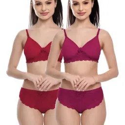 FIMS Violet & Maroon Lace Work Bra Panty Sets - Pack Of 2-image-98