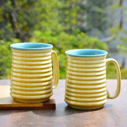 StyleMyWay 2Pcs Beige Colored & Blue Textured Ceramic BeerGlass-12