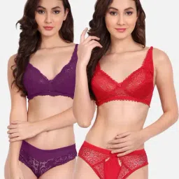 FIMS: Fashion is my Style Red & Purple Lace Work Lingerie Set - Pack Of 2-image-82