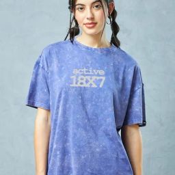 Bewakoof Blue Active Typography Oversized Acid Wash T-shirt-17