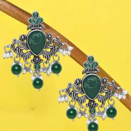 Oomph Oxidized Silver Stone With Beads Ethnic Green Drop Earrings-19