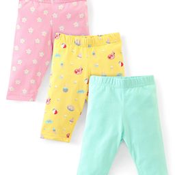 Babyhug Cotton Lycra Three Fourth Length Leggings Pack Of 3 - Pink Yellow & Green-image-29