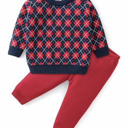 Babyhug Full Sleeves Checks Design Sweater Set - Red & Navy-image-9