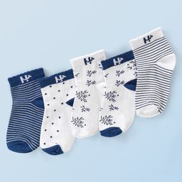 Honeyhap Premium Cotton Bamboo Ankle Length Set Of Socks With Bio Finish Stripes & Polka Dot Print Pack Of 5 - Bright White & Wind Surfer Blue-picture-1