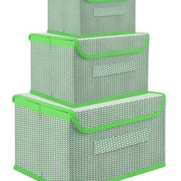 Kuber Industries Drawer Storage Box  Zig Zag Dhakkan Storage Box  Non-Woven Clothes Organizer  Storage Box with Handle  S  M  L  Pack of 3  Green-16