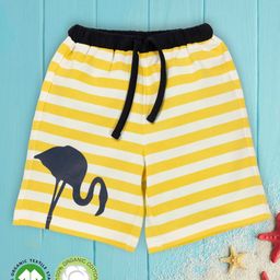 Pranava 100% Organic Cotton Flamingo Printed Striped Shorts - Yellow And White-image-83