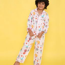 Knitting Doodles Pure Cotton Woven Full Sleeves Circus Theme  Printed  Night Suit - White-image-36