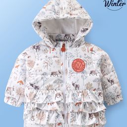 Babyoye Woven Full Sleeves Hooded Padded Jacket with Animal Print & Frill Detailing - White-picture-18