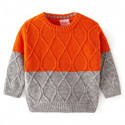 Babyhug Knitted Full Sleeves Pullover Sweater with Colour Block & Cable Knit Design -  Grey & Orange-image-44