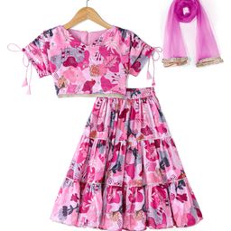 Babyoye Woven Half Sleeves Floral Printed Choli Lehenga Set & Dupatta with Sequin Detailing - Pink-image-85