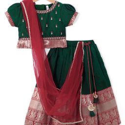 Babyhug Woven Half Sleeves Floral Embroidered & Brocade Pattu Pavadai Lehenga Choli and Dupatta Set - Green-image-75