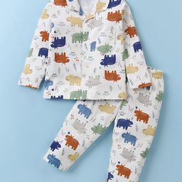 Ben Benny 100% Cotton Knit Full Sleeves Front Open Night Suit With Animals Print - Off White-image-11