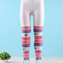 Cute Walk by Babyhug Knit Antibacterial Footed Tights Star & Stripes Design - White-image-99
