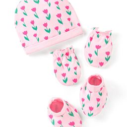 Babyhug Cotton Cap Mittens & Booties with Floral Print - Pink-image-72