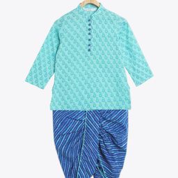 Campana 100% Cotton Full Sleeves Floral & Leheriya Printed Dhoti Kurta Set - Sea Green & Blue-image-35