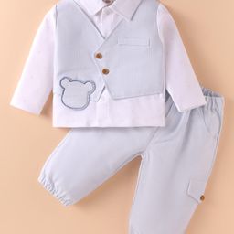 ToffyHouse Interlock Knit Full Sleeves T-Shirt With Attached Waistcoat & Trouser With Bear Patch - Light Blue White-picture-12