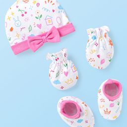 Babyhug 100% Cotton Knit Cap Mittens & Booties With Bow Applique Pink & White - Diameter 9.5 cm-image-89