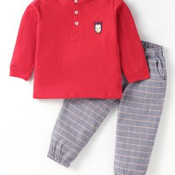 Ollypop Sinker Knit Full Sleeves T-Shirt & Lounge Pants Set With Front & Back Zebra Embroidery Detailing - Red-picture-31
