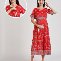 Dummy Shape Viscose Rayon Half Sleeves Abstract Printed Maternity Anarkali Dress With Nursing Access - Dark Pink-image-28