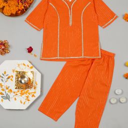 Little Ginnie Cotton Half Sleeves Gota Lace Embellished Kurta & Pant Set - Orange-image-49