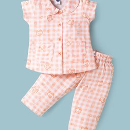 Teddy Sinker Knit Half Sleeves Night Suit with Cat Print - Peach-image-16