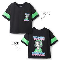 Pine Kids Cotton Knit Half Drop Shoulder Sleeves T-Shirt with Girl Front & Back Print - Black-12