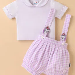 Child World Interlock Knit Half Sleeves Top & Checkered Shorts with Attached Suspender & Unicorn Patch - Mauve-picture-1