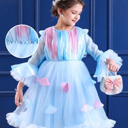 Mark & Mia Woven Full Bell Sleeves Party Dress With Tie & Dye Design & Beads Detailing - Light Blue-image-3
