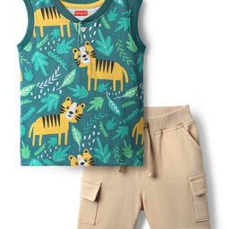 Babyhug Single Jersey Knit Sleeveless Tank T-Shirt & Shorts Set With Tiger Print - Green & Brown-image-79