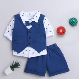 BUMZEE Interlock Knit Full Sleeves 3 Piece Boat Print Party Suit With Attached Bow - Navy Blue & White-image-19